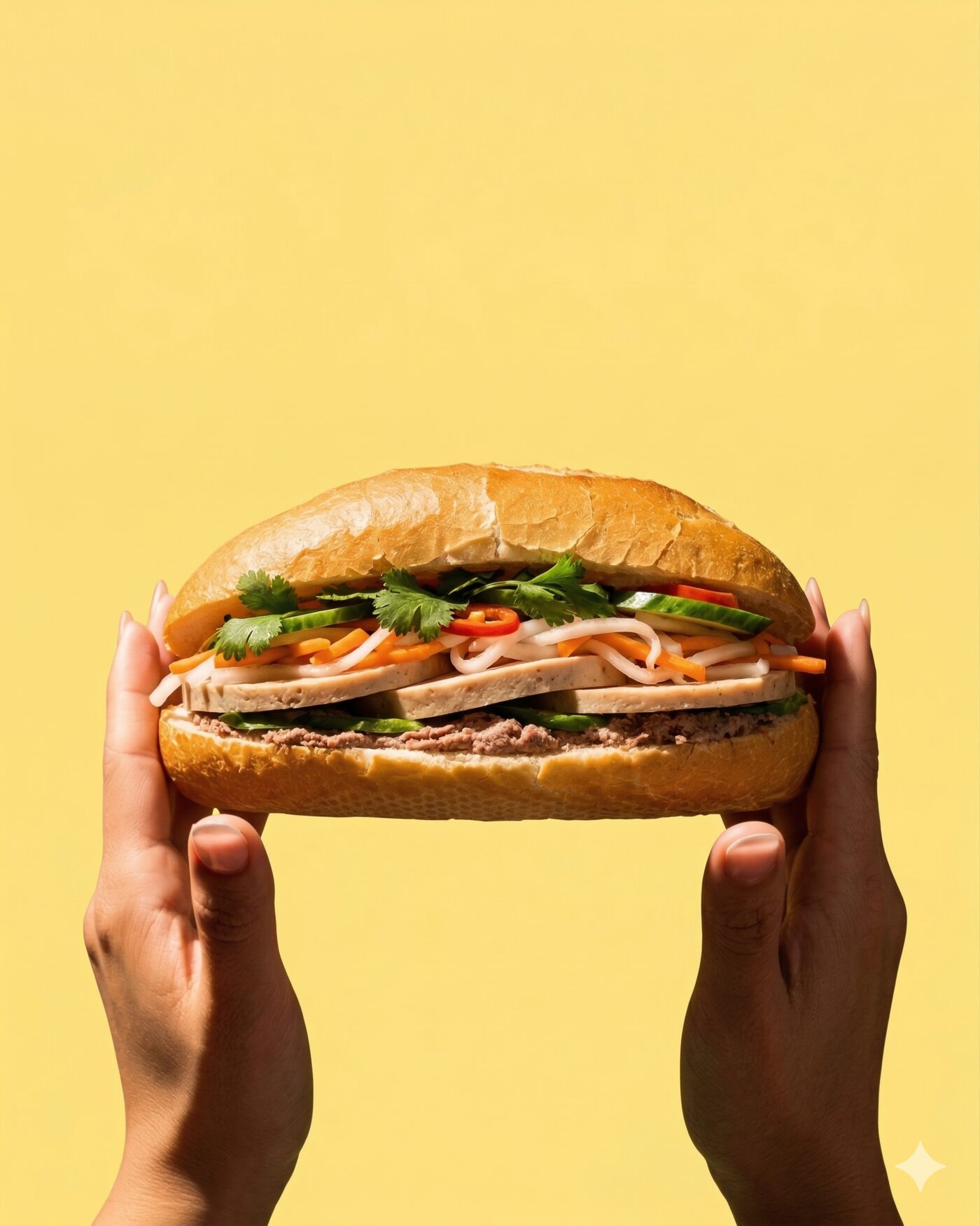 Manos sosteniendo un bánh mì B'my recién hecho