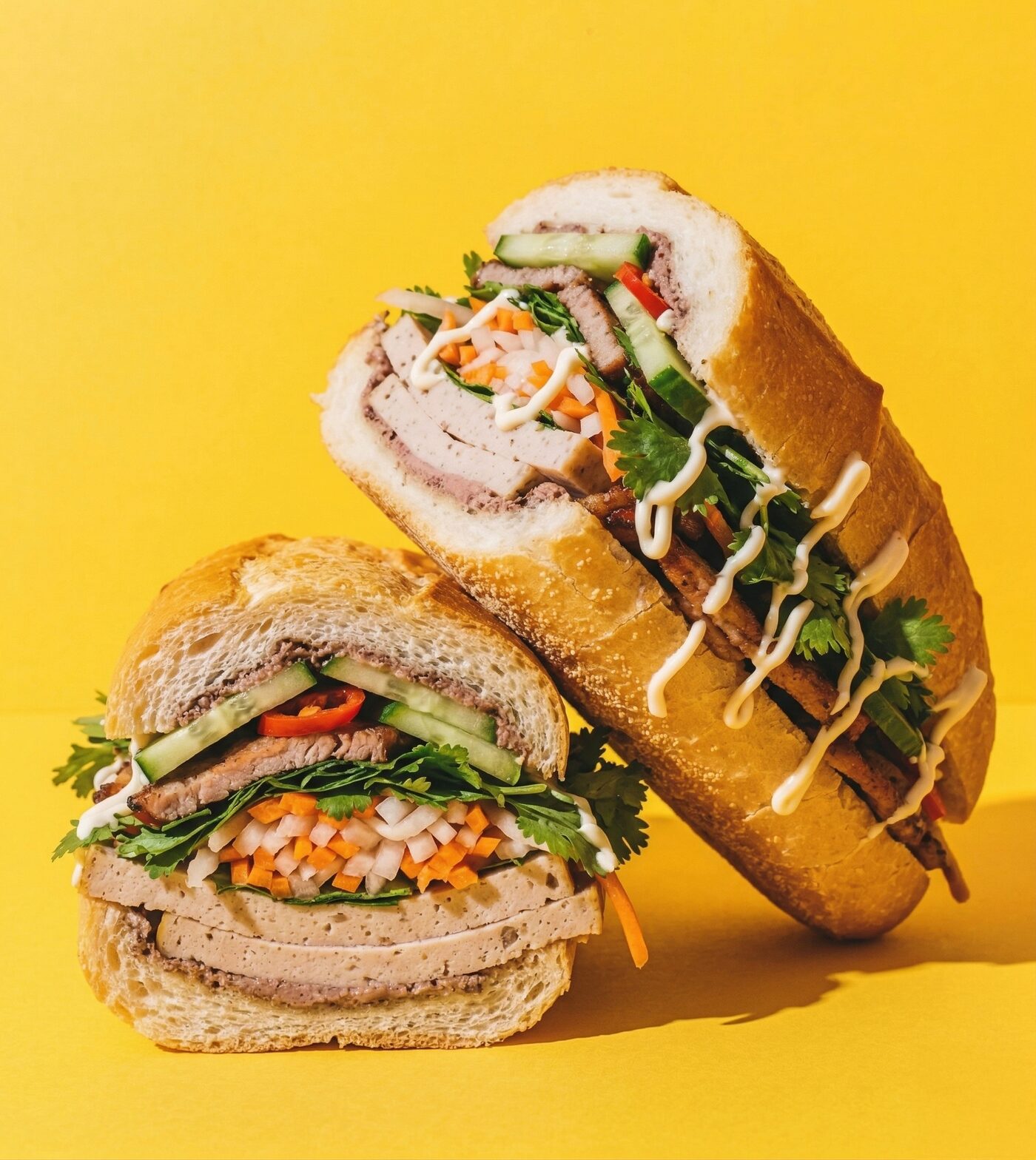 Dos mitades de bánh mì B'my mostrando el relleno fresco